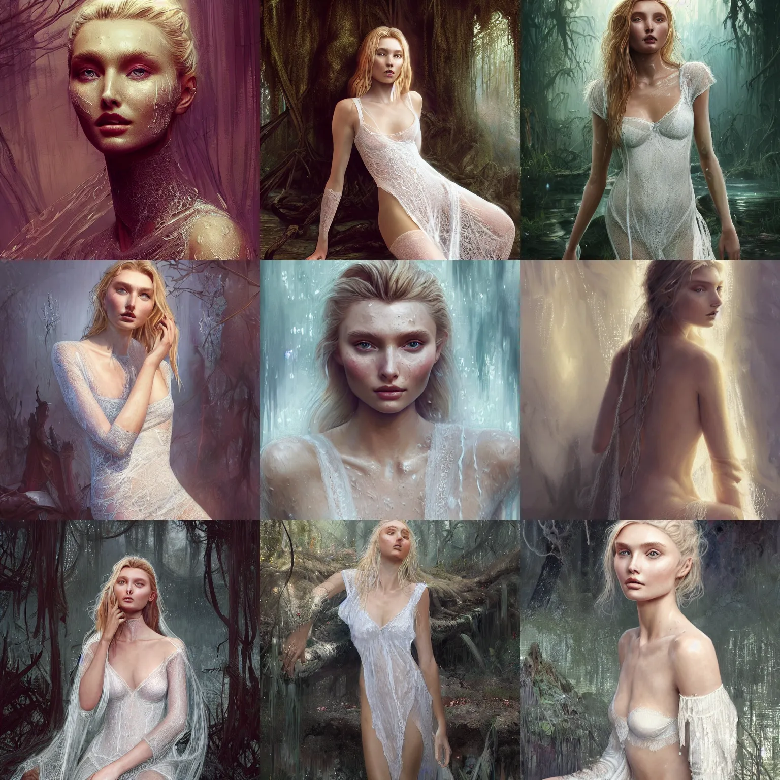 Prompt: Portrait Elsa Hosk wearing a wet white lace nightgown, intricate, overgrown swamp, highly detailed, smooth, artstation, digital illustration by Ruan Jia and Mandy Jurgens and Artgerm and Wayne Barlowe and Greg Rutkowski and Frank Frazetta