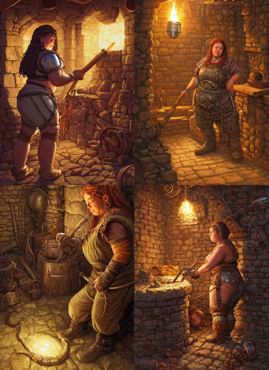 Prompt: illustration, chubby female dwarf blacksmith working on her forge, elaborate braided hair, short robust woman, style by donato giancola, wayne reynolds, jeff easley dramatic light, high detail, cinematic lighting, centered, artstation, dungeons and dragons, dungeon,