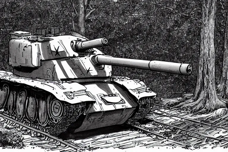 Prompt: oversized maus 1 0 0 - ton german tank, world war 2, artist's impression, crushing trees under track, steampunk, dieselpunk, black and white pen ink art