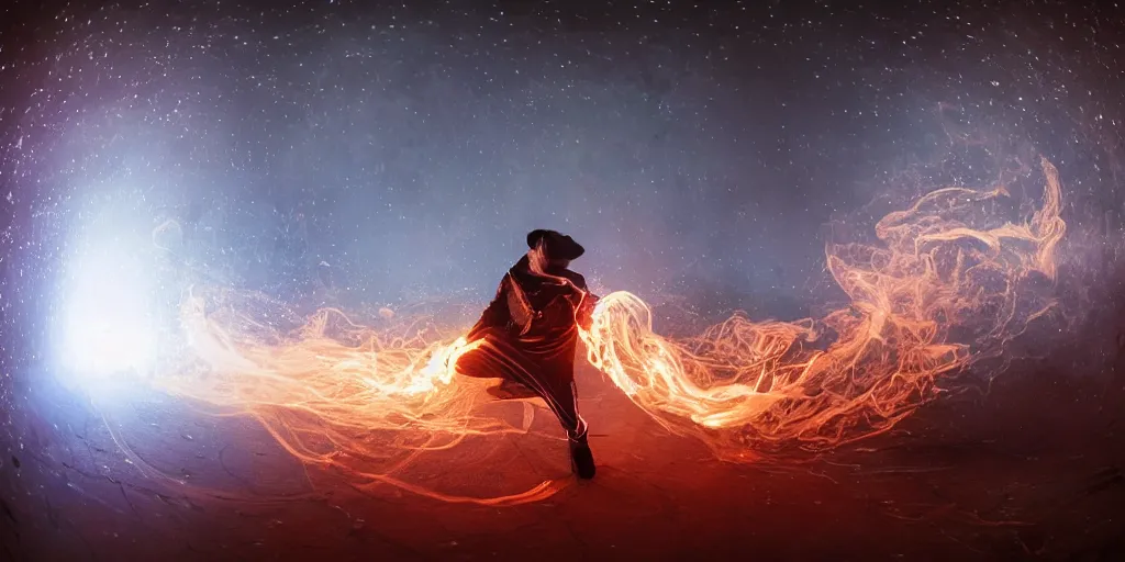 Image similar to music video fisheye slow motion with trail fire and smoke effect of futuristic break dancer wearing long dark cloak and golden helmet emitting fire and crystals, long exposure shot , enigmatic, at night on the moon, paddle of water, steam, fog, water splashes, rim lights, glossy reflections, water droplets on lens, octane render, Volumetric dynamic lighting, stunning cover magazine, high details, hajime sorayama