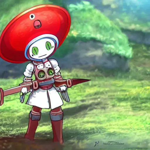 Image similar to cute robot with big tomato hat and a chive sword, made in abyss style