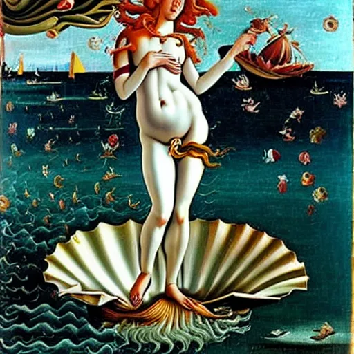 Image similar to birth of venus steam punk, in the style botticelli, 8 k, oil painting,