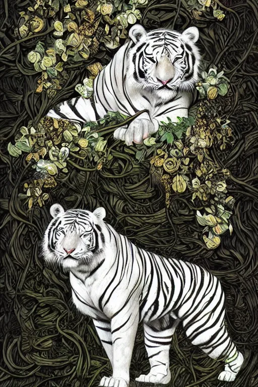 Image similar to ultra realistic full - body white tiger wrapped in vines and white flowers + black paper + elements + white + gold + cyan + baroque + rococo + ink, marc simonetti, paul pope, peter mohrbacher, detailed, intricate ink illustration