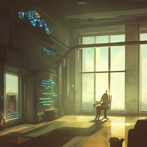 Prompt: cyberpunk, living room interior, windows, light rays, buildings, dystoptian, gorgeous view, no person, depth, game by Lucas Arts, clouds, tending on artstation