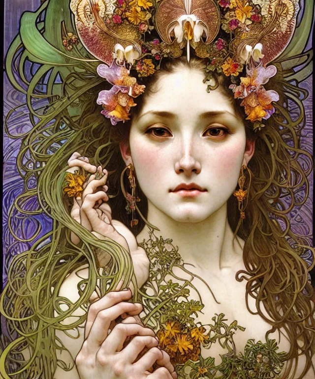 Prompt: realistic detailed face of the beautiful goddess of orchids wearing a giant tiger head headdress by alphonse mucha, ayami kojima, amano, greg hildebrandt, mark brooks, and ernst haeckel, golden ratio, art nouveau, neo - gothic, gothic, neoclassical,