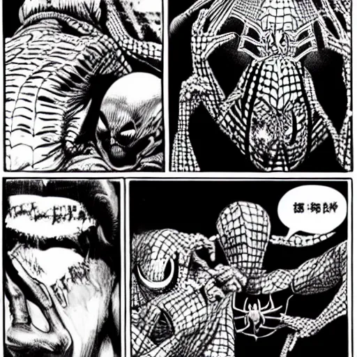 Image similar to spiderman eating ramen, H.R. Giger, creepy, found footage, liminal space