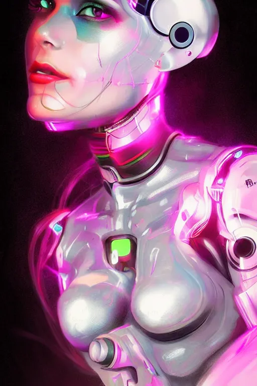 Image similar to portrait of a trippy cyborg girl with biotechnical parts and neon light by Artgerm, digital painting, highly detailed, trending on artstation