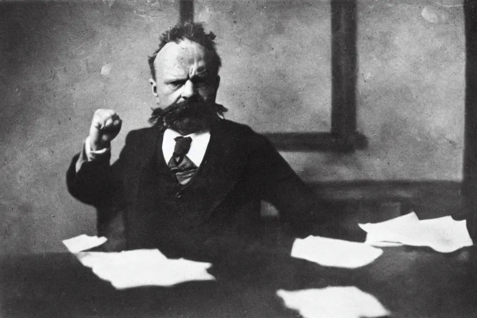 Prompt: wet plate photograph, august strindberg angry shouting and throwing papers and banging his fist on a secretary desk in a small messy viennese apartment, night time, alone, lamplight, victorian era, depth of field, very detailed, cigarette smoke, highly accurate, intricate