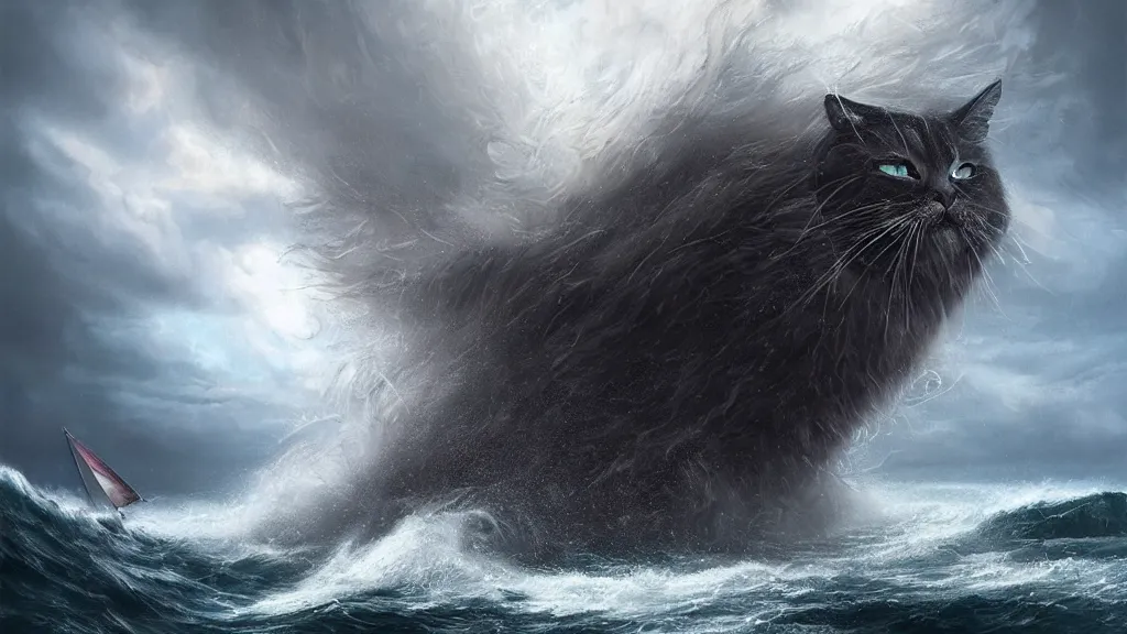 Prompt: a gigantic cat bursting out of a stormy sea attacking a small sail boat, wet fur, giant waves, sunbeams in background, intricate, detailed, volumetric lighting, sharp focus, scenery, photorealism, digital painting, highly detailed, concept art, by by aleski briclot and alexander'hollllow'fedosav and laura zalenga