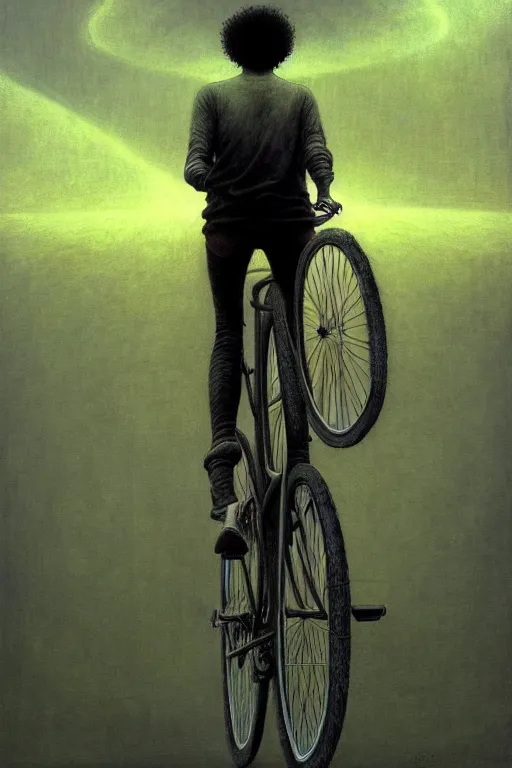 Prompt: young man riding a bicycle with a colorful energy, in the style of beksinski, solarpunk, atmospheric, clean, intricate and epic composition, gray by caravaggio, insanely quality, highly detailed, masterpiece, white light, artstation, 4 k