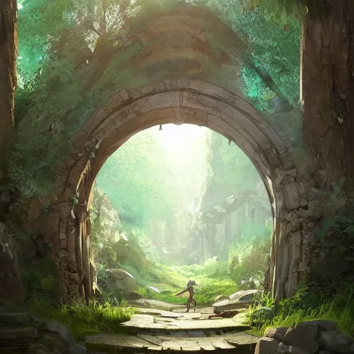 Image similar to concept art painting of an ancient ornate stone archway, with a magical portal inside to another dimension, in the woods, realistic, detailed, cel shaded, in the style of makoto shinkai and greg rutkowski and james gurney