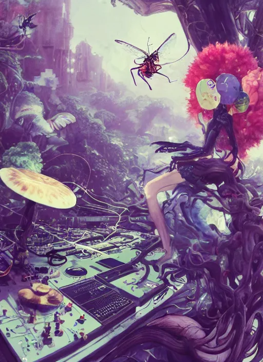 Prompt: surreal gouache painting, by yoshitaka amano, by ruan jia, by Conrad roset, by good smile company, detailed anime 3d render of a wild mushroom Surrounded by magical dragonfly and a big DJ Mixer, deck, portrait, cgsociety, artstation, rococo mechanical and Digital and electronic, dieselpunk atmosphere