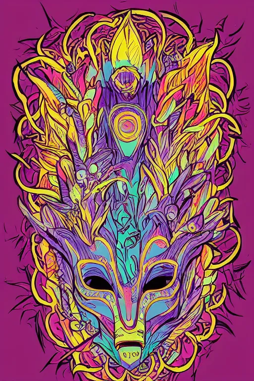 Image similar to animal mask totem roots flower tribal feather gemstone plant wood rock shaman vodoo video game vector cutout illustration vivid multicolor borderlands comics by josan gonzales and dan mumford radiating a glowing aura