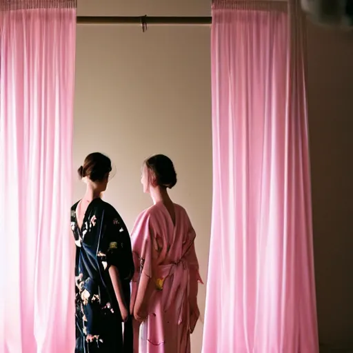 Prompt: over the shoulder photography of two females in open kimonos models behind white curtains in old victorian room, dramatic light, cinestill, flying black marble balls, filmstill, bokeh, long exposure, god rays, magic hour, pink light, warm colors
