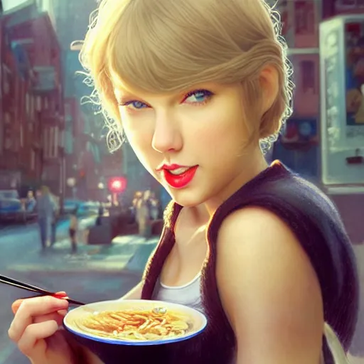 Image similar to taylor swift as a college student, eating ramen, bokeh, beautiful face!!!!, 2 7 years old, cg animation, lifelike, animated, realistic, character select portrait, by artgerm, greg rutkowski, alphonse mucha, anne liebovitz, 3 d