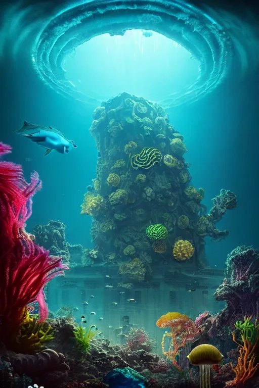 Image similar to high quality photo of cinematic underwater dystopian cyber - rococo city ruins with giant bioluminescent colorful mutant plants and cyborg jellyfish, digital art masterpiece, aykut aydogdu eric zener, dramatic volumetric light, extreme long shot, ground angle uhd 8 k, sharp focus