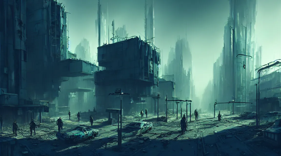 Image similar to a game scene concept with a environment of a post - apocalyptic post apocalyptic police station a blue sky, building, avenue, urban architecture, apocalyptic architecture, paved roads, by nathan walsh trending on artstation, photorealistic, wild vegetation, human silhouettes, cyberpunk, environment artist, dystopian, science fiction
