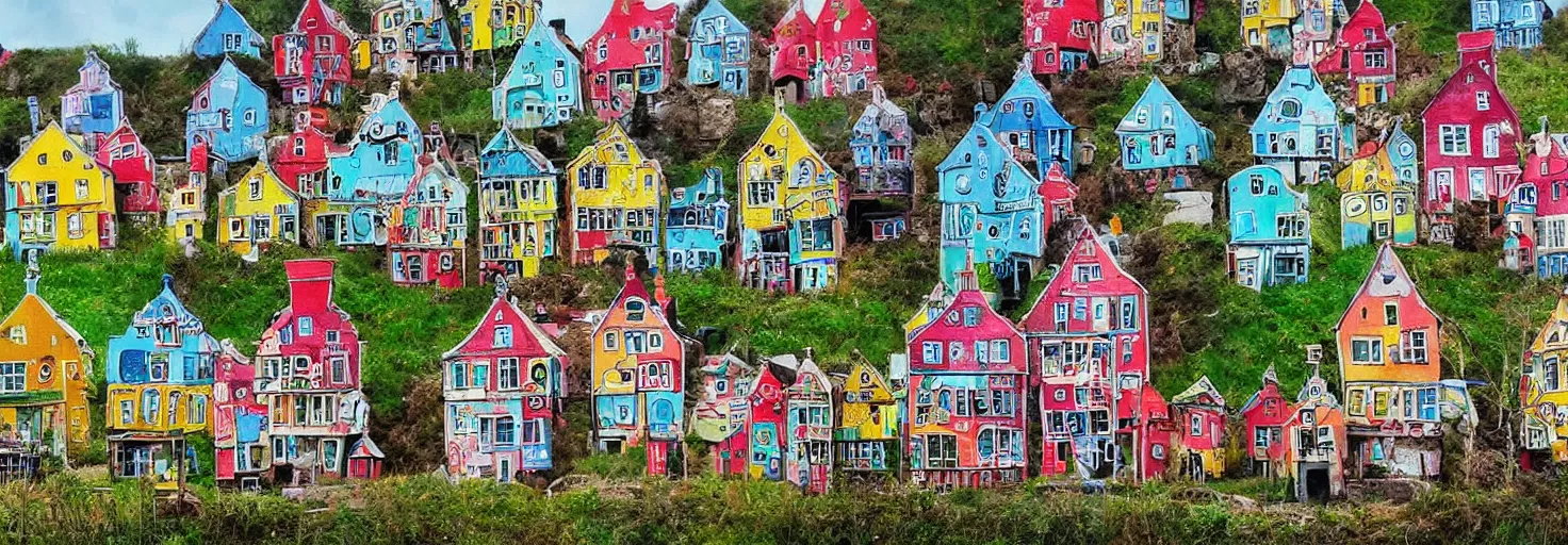 Image similar to quirky surreal naive houses painted by alexander jansson, bright colors.
