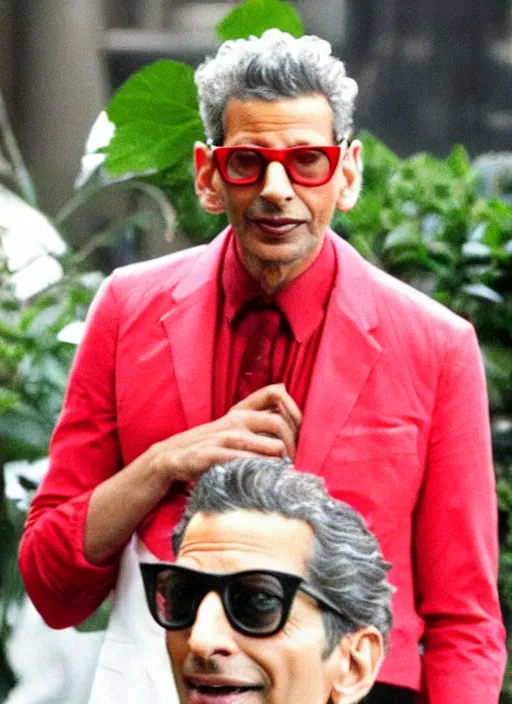 Image similar to jeff goldblum dressed as a tomato