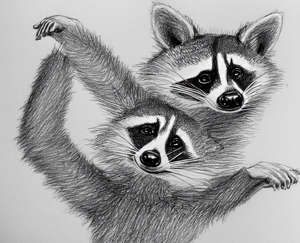 Image similar to detailed pencil sketch of a raccoon holding up and looking at a starfish, children's book