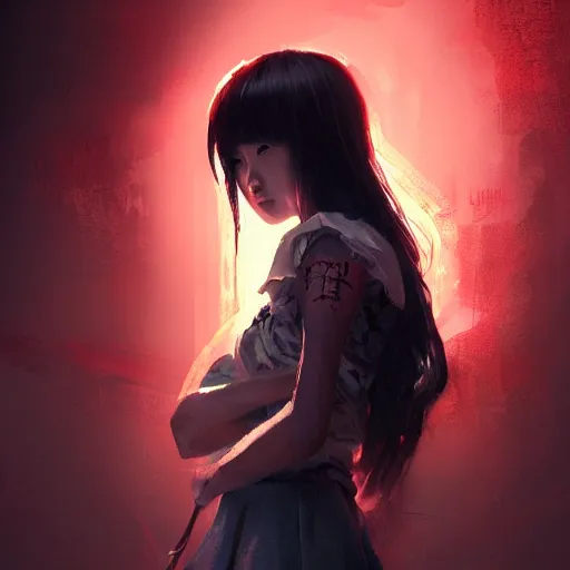 Prompt: full body portrait of a korean schoolgirl with long hair and bangs, her arms are thin red tentacles, dramatic lighting, illustration by Greg rutkowski, yoji shinkawa, 4k, digital art, concept art, trending on artstation