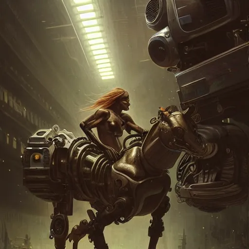 Image similar to Very very very very highly detailed epic photo of mechanic robotic centaur as a loading screen, intricate, dystopian, sci-fi, extremely detailed, digital painting, artstation, concept art, smooth, sharp focus, illustration, intimidating lighting, incredible art by artgerm and greg rutkowski and alphonse mucha and simon stalenhag