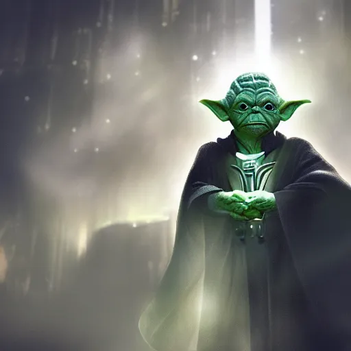 Image similar to yoda as darth vader standing in front of a church, concept art, beautiful lighting, 8 k, digital art, trending on artstation, by yoshitaka amano