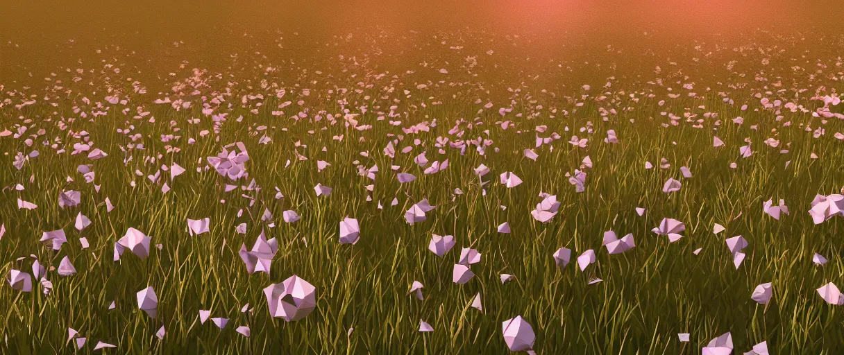 Prompt: 3 d render, low poly art, minimalist, flowers, field of dreams, unreal engine, dreamy, bokeh, bounce light, radiant lighting