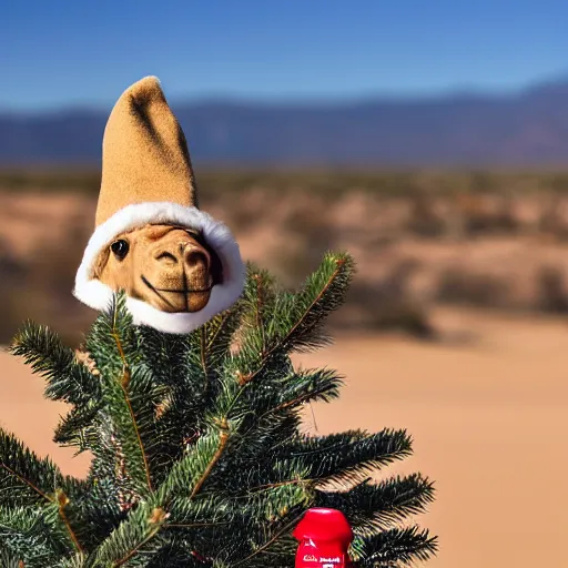 Image similar to camel in a hat on a Christmas tree, in the paw of coca cola, in the desert