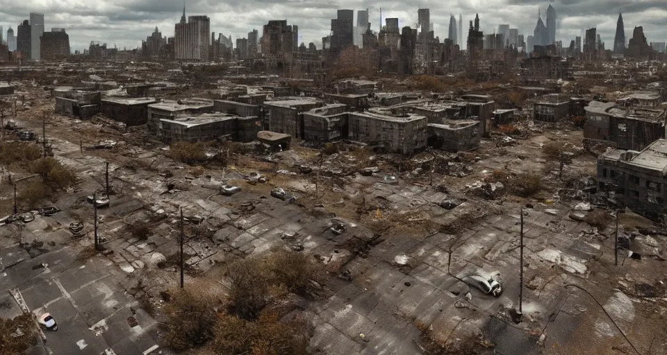 Prompt: wide angle shot of dilapidated zombie - apocalypse new york city in real life, desolate with zombies, dilapidated, zombies on the streets, nightmarish, some rusted style parked vehicles, sunny weather, few clouds, volumetric lighting, photorealistic, daytime, autumn, sharp focus, ultra detailed, cgsociety