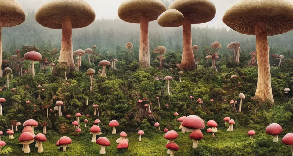 Prompt: A tribal village in a forest of giant mushrooms, by Wes Anderson,