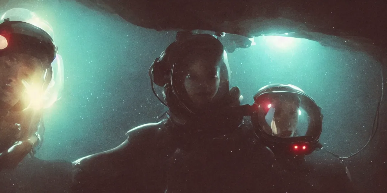 Image similar to Zoe Kravitz with short hair as a retro astronaut, helmet with led lights, alone underwater in the ocean at night, clear water, glowing bubbles, volumetric lighting, glowing lights, 4k, octane, unreal engine, digital painting, artstation, concept art, high contrast, high saturation , cinematic film still, sharp focus, illustration, art by Christopher Nolan and artgerm and greg rutkowski and alphonse mucha , wide angle view, full body