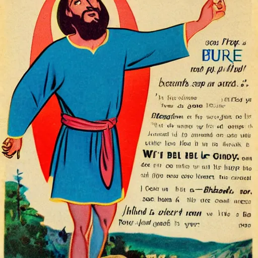 Prompt: Jesus advertising the Bible, 1950s Advert style,