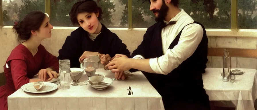 Prompt: couple at a diner, happy, chatting, art by william Adolphe Bouguereau, extremely detailed, award winning, artstation