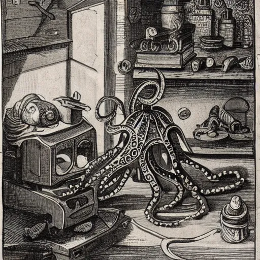 Prompt: an octopus in a car repair shop, engraving, ink, 1 7 th century