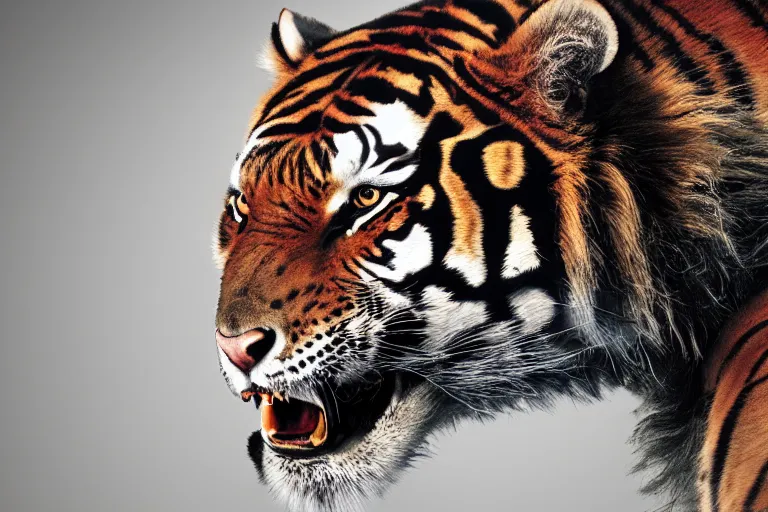 Image similar to An extremely bright studio photograph of a snarling tiger in the style of Salvador Dali, high-quality, professional, dramatic lighting, extremely high detail, trending on artstation