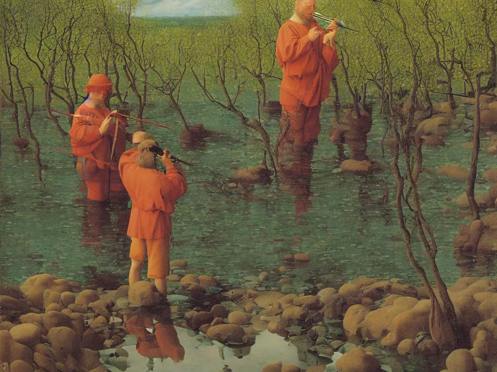 Image similar to Portrait of an artist painting at his easel knee deep in a river. Humanoid rocks, coral-like pebbles, spring orchard in bloom. Painting by Jan van Eyck, Georges de la Tour, Rene Magritte, Jean Delville, Max Ernst, Beksinski