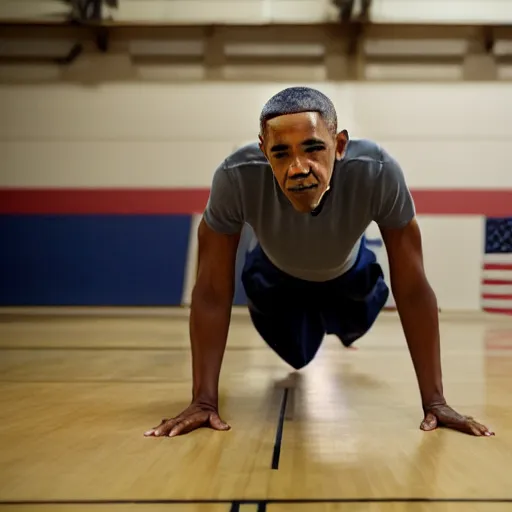 Prompt: Obama doing push-ups in a gymnasium, 40nm lens, shallow depth of field, 4k,
