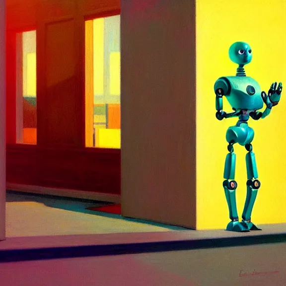 Image similar to beautiful illustration of a robot on light background by Edward Hopper, clean lines, very detailed, colorful octane render