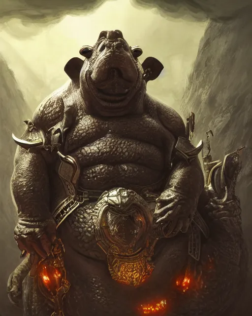 Image similar to Hippo, Anthropomorphized, portrait, as evil warlord general on skull throne, magic the gathering artwork, D&D, fantasy, cinematic lighting, centered, symmetrical, highly detailed, digital painting, artstation, concept art, smooth, sharp focus, illustration, volumetric lighting, epic Composition, 8k, art by Akihiko Yoshida and Greg Rutkowski and Craig Mullins, heroic pose, oil painting, cgsociety, Battlefield background, explosions, arrows