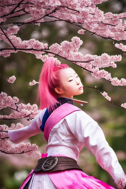 Image similar to highly detailed beautiful photo of a young female samurai, practising sword stances in front of a cherry blossom tree, symmetrical face, beautiful eyes, pink hair, realistic anime art style, 8 k, award winning photo, pastels colours, action photography, 1 / 1 2 5 shutter speed, sunrise lighting