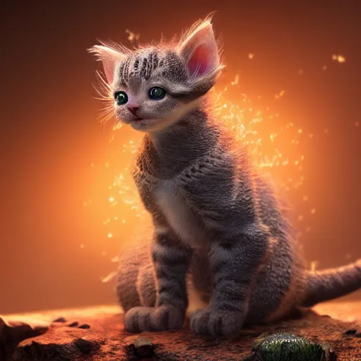 Image similar to full body pose, hyperrealistic photograph of a cute dragon kitten, dim volumetric lighting, 8 k, octane beautifully detailed render, extremely hyper detailed, intricate, epic composition, cinematic lighting, masterpiece, trending on artstation, very very detailed, stunning, hdr, smooth, sharp focus, high resolution, award, winning photo, dslr, 5 0 mm