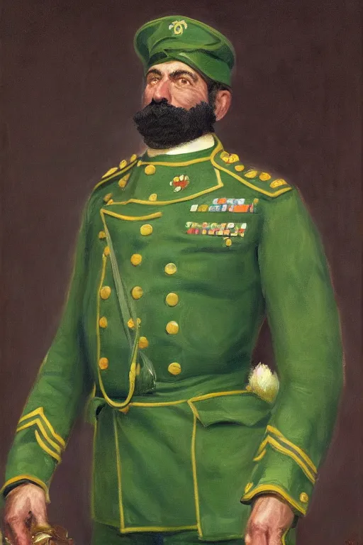 Prompt: full body portrait of the dictator of the boston celtics, 1 8 8 9, in full military garb, oil on canvas by william sidney mount, trending on artstation