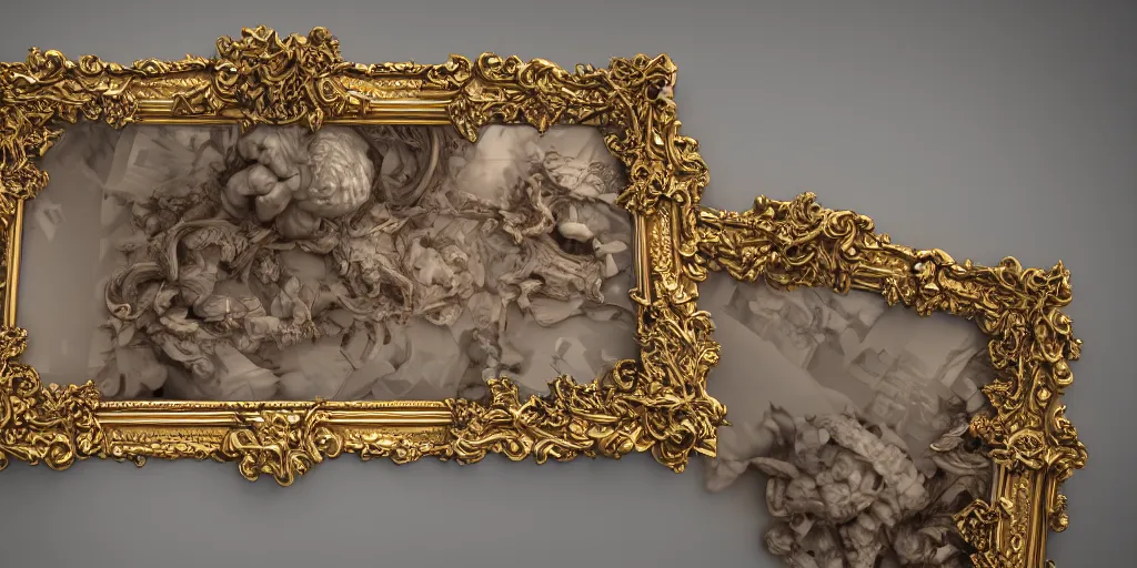 Image similar to 3 d octane render ultra photorealistic hyper detailed baroque picture frame