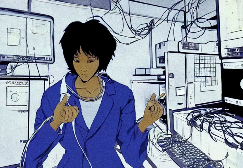 Prompt: dark skin woman wearing a white lab coat, dark blue wolf haircut to shoulder, body connected to wires and connected to 1 9 8 0 s computers, painted by yoshitoshi abe and makoto shinkai, in the style of serial experiments lain, dynamic lighting, dark ambience, 3 5 mm