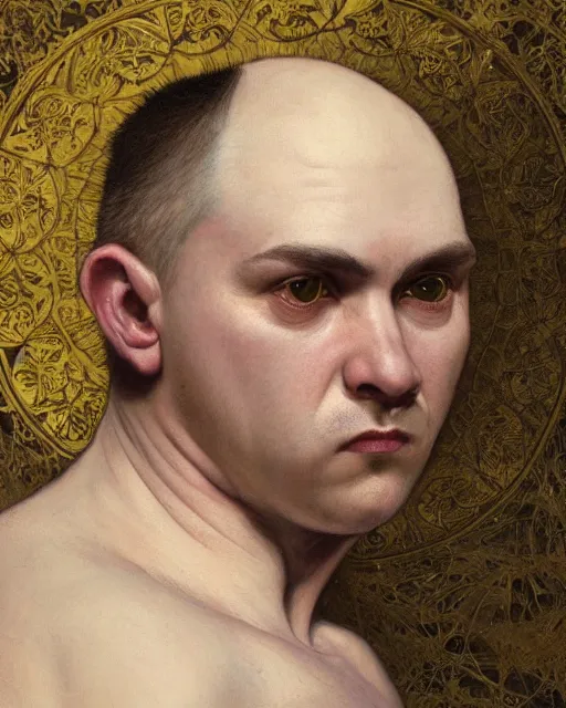 Prompt: portrait of a 4 0 - year - old bald character, male, with a white complexion, wide, cat - like scarlet eyes, a nose flat like a snake's nose, and a thin mouth, wearing in black clothes, hyper realistic face, beautiful eyes, fantasy art, in the style of greg rutkowski, intricate, alphonse mucha, hyper detailed, smooth