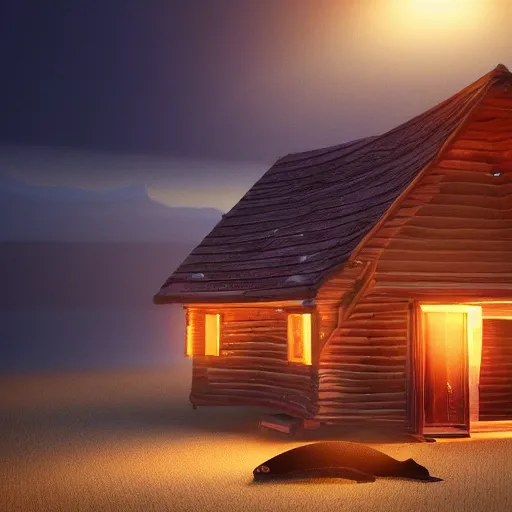 Image similar to a whale with a wooden house on his back, lights are on in the house, digital art, unreal engine, epic lighting, amazing, dreamlike, 3d render