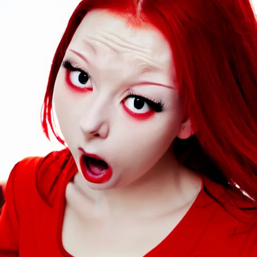 Image similar to cute anime girl with red hair, angry facial expression, in red dress