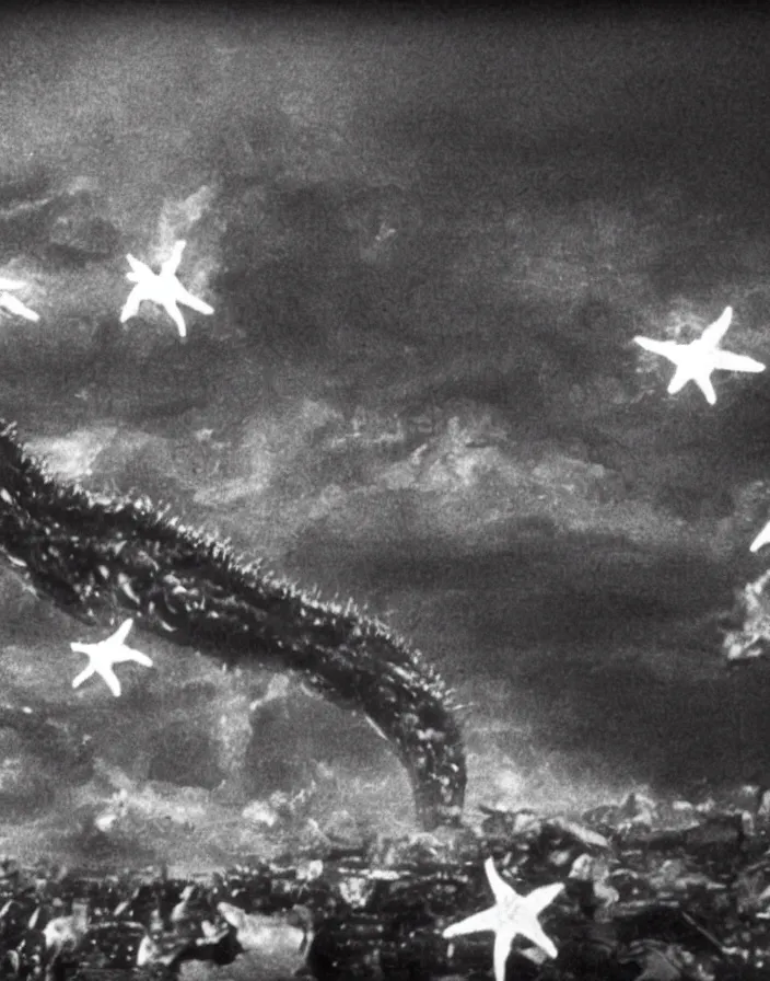 Image similar to a filmstill of a north korean monster movie, kaiju - eiga monster with starfish - arms trampling a traditional korean palace, foggy, film noir, epic battle, etheral, explosions, communist propaganda, communist epic thriller, by kim jong - il and akira kurosawa and tim burton, video compression