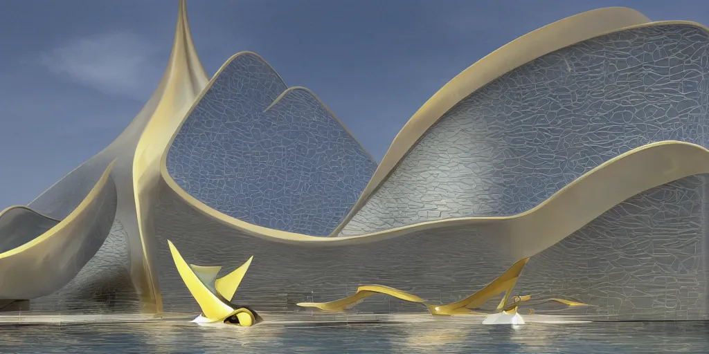 Image similar to mosque floating spaceship by zaha hadid, golds fantasy world